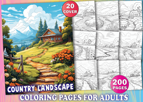 200 Country Landscape Coloring Pages KDP