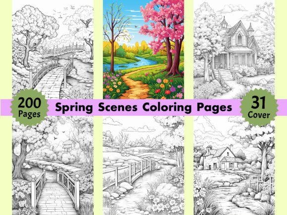 200 Spring Scenes Coloring Pages for Kdp
