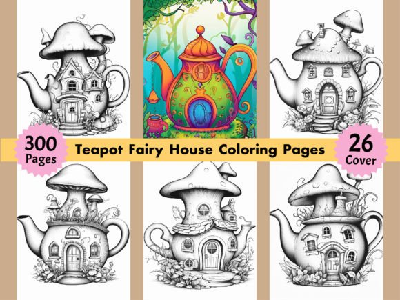 Teapot Fairy House Coloring Pages KDP 🖤